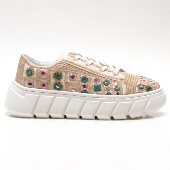 FREE PEOPLE Catch Me If You Can Crochet Sneakers Pink & Green Mirror - Picture 2 of 10